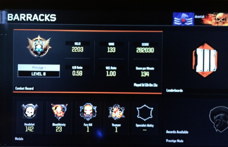 My stats in Call of Duty: Black Ops III.