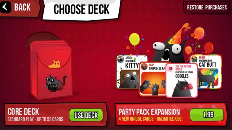 You can play with a basic deck or an expanded party deck in Exploding Kittens.