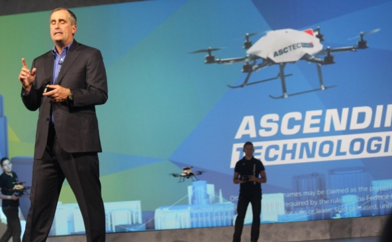 Brian Krzanich, CEO of Intel, demos the Firefly drones from Ascending Technologies at CES 2015.