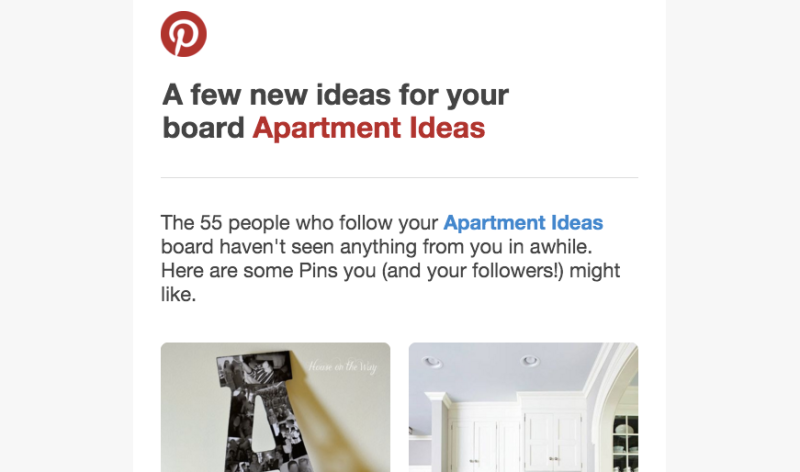 An email sent from Pinterest with content personalized to the individual receiver