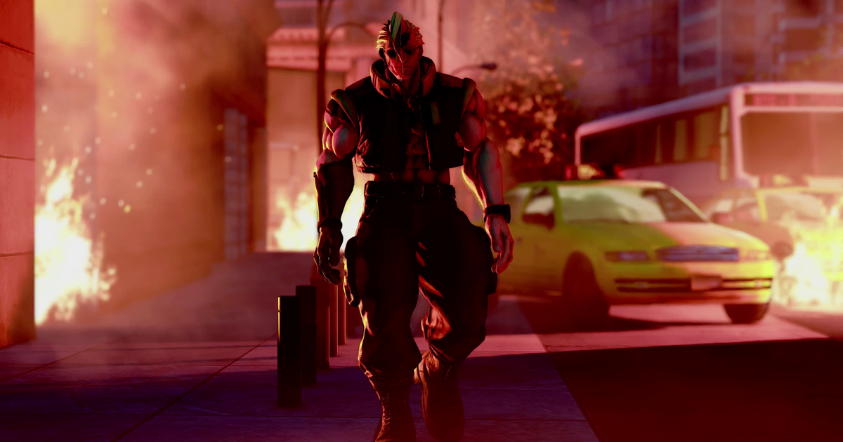 Street Fighter V Charlie in a burning city