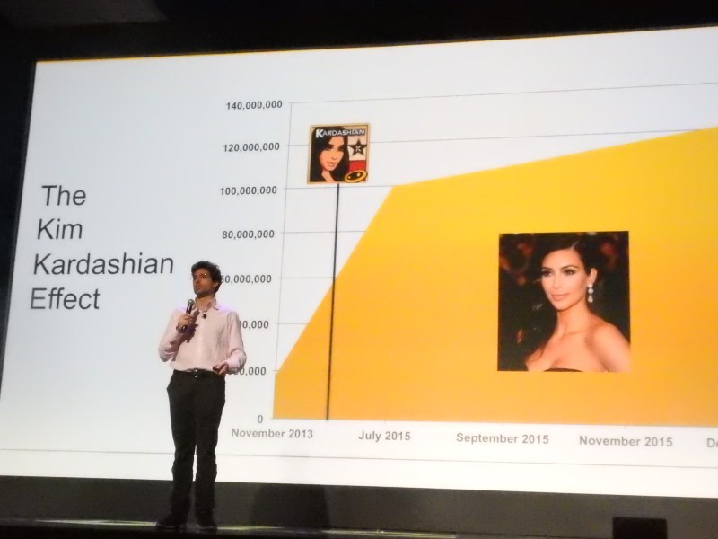 Niccolo De Masi, CEO of Glu Mobile, shows growth of Kim Kardashian: Hollywood game at the DICE Summit.