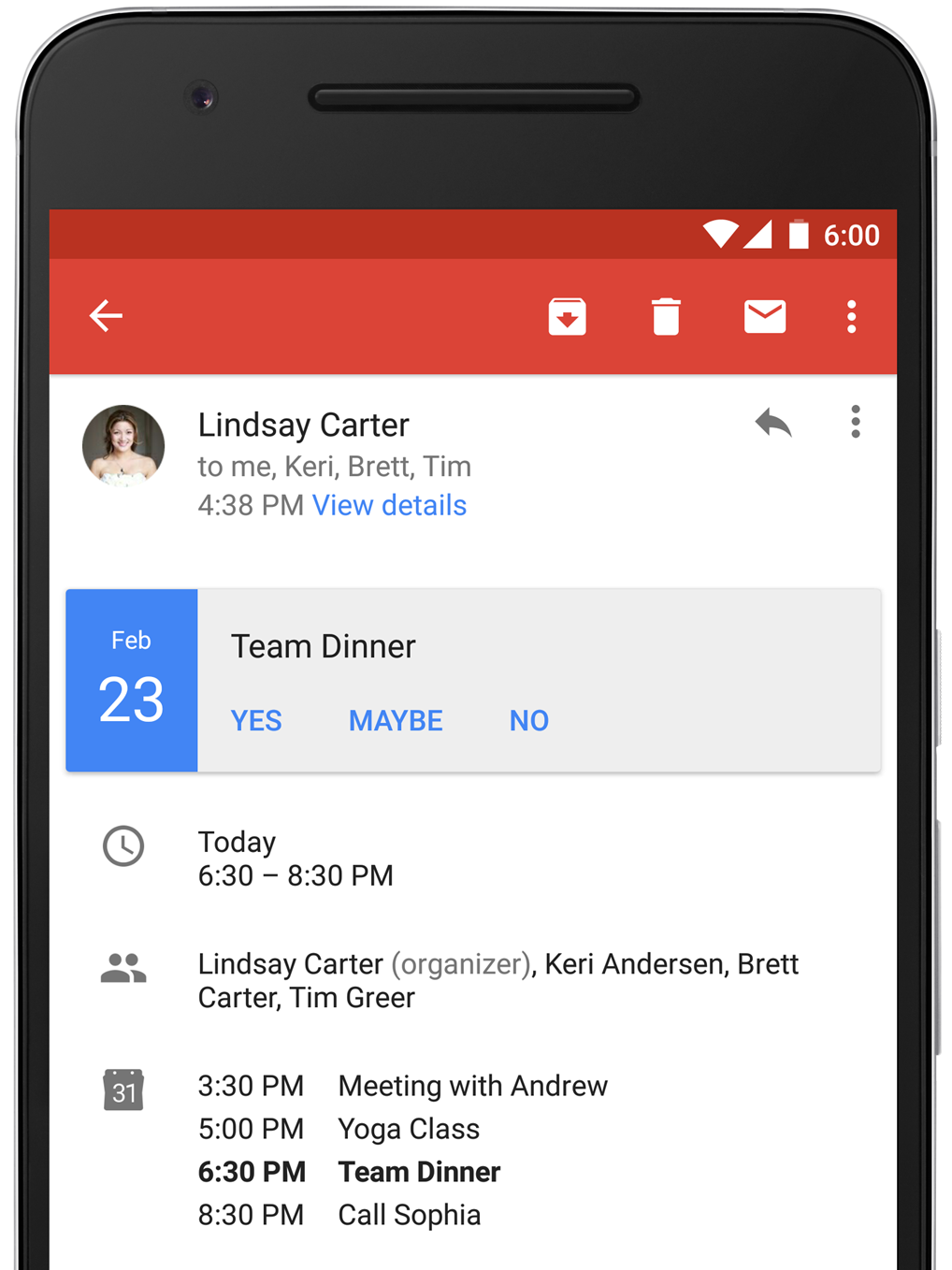 The new instant RSVP feature in Gmail on Android.