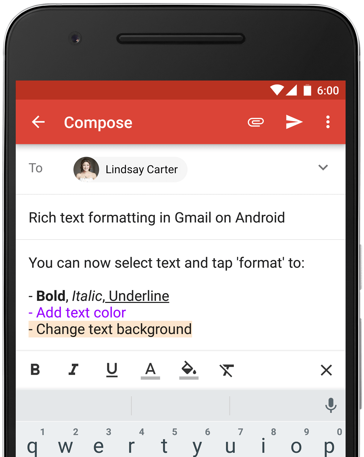 The new rich text formatting capability in Gmail on Android.