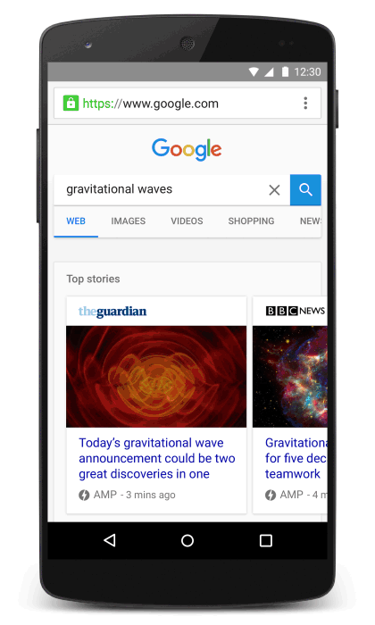 a demonstration of the Accelerated Mobile Pages (AMP) in search results on Android.