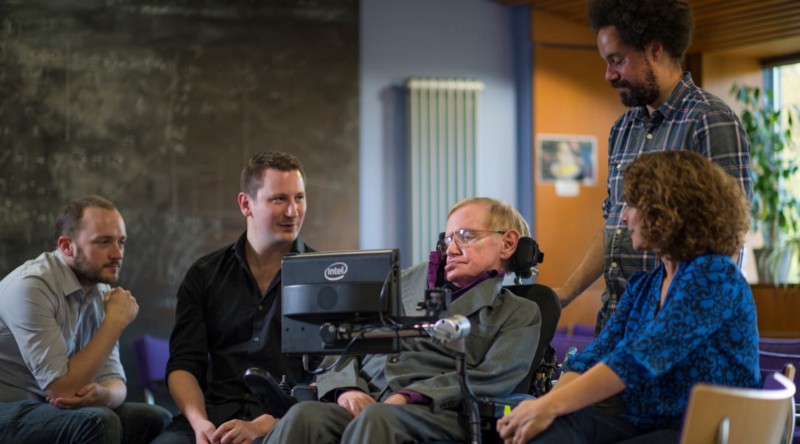 SwiftKey engineers Stephen Spencer and Joe Osborne in Professor Stephen Hawking’s Cambridge office