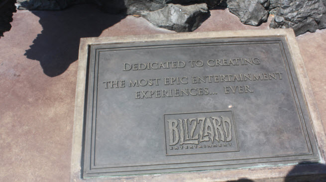 The plaque on the statue at Blizzard's headquarters shows the company's focus on gamers.