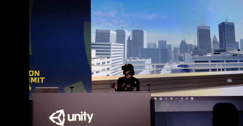 Timoni West, a principal game designer at Unity, is inside a game she is making in VR.