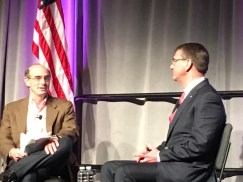 U.S. Secretary of Defense Ashton Carter (right) speaks with Ted Schlein, general partner at Kleiner Perkins Caufield & Byers, at RSA 2016.