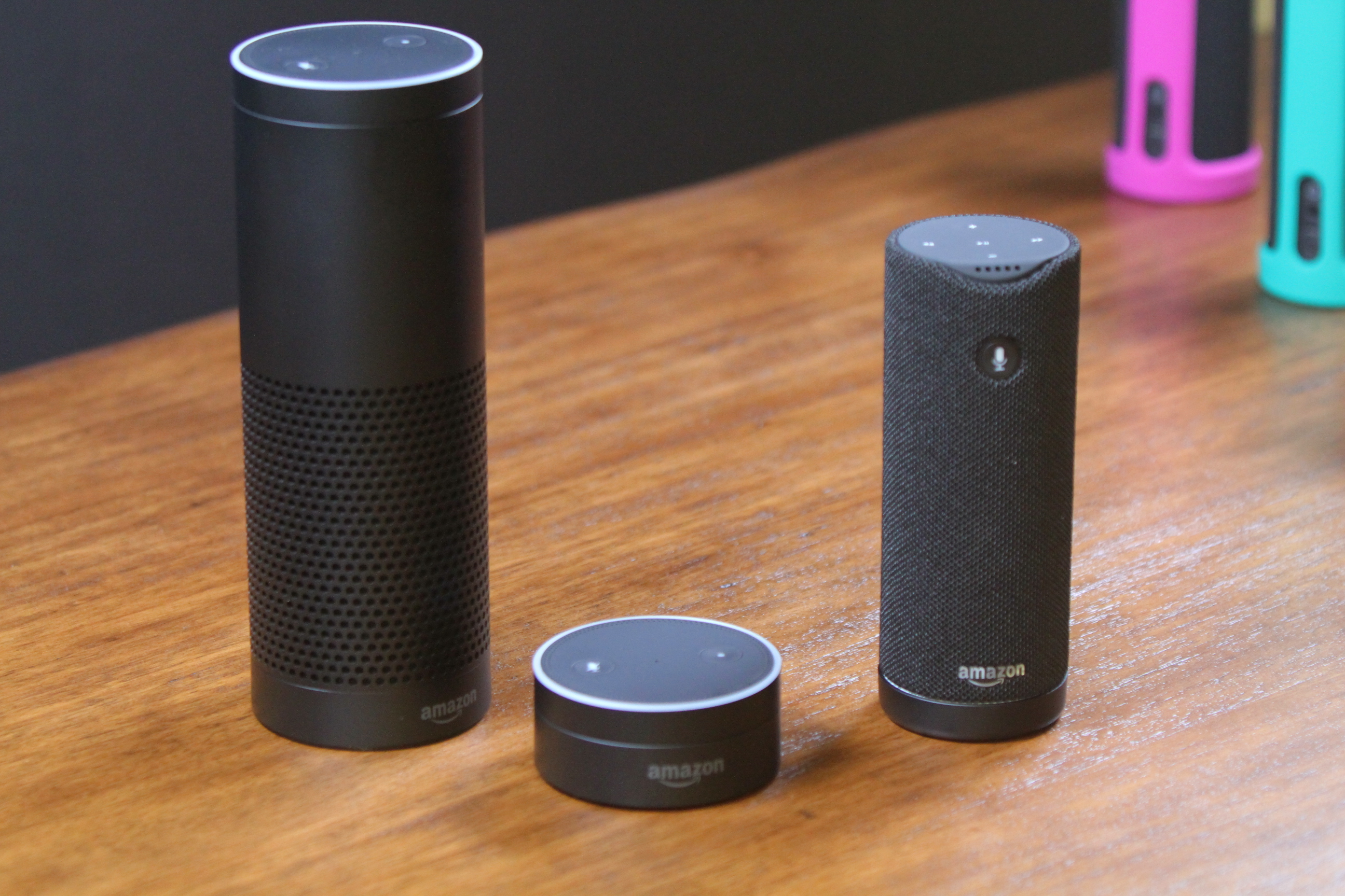 From left to right: Amazon Echo, Echo Dot, and Tap