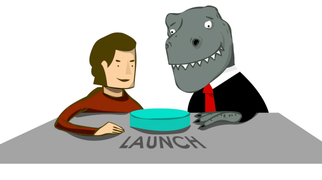 An illustration that symbolically shows a company (dinosaur) with an entrepreneur (startup) working together to launch a product.