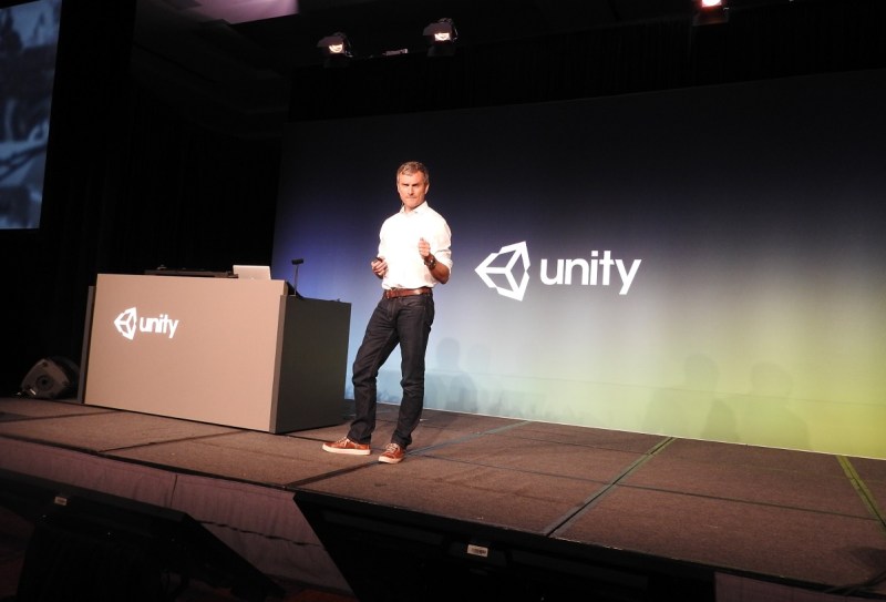 Clive Downie, CMO of Unity, on stage at the Game Developers Conference.