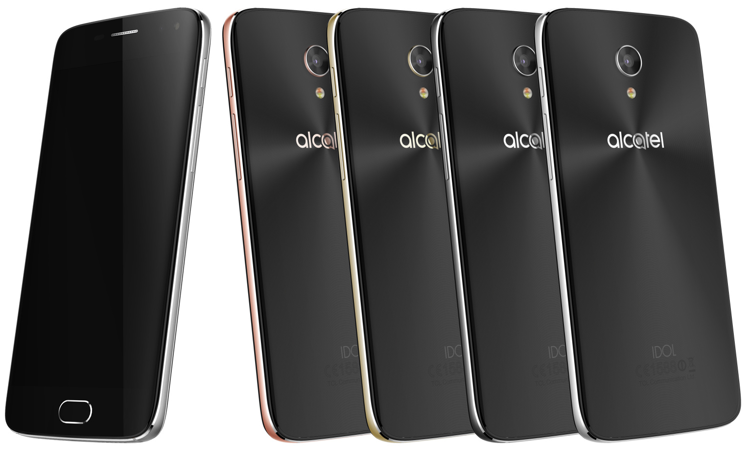 Alcatel Idol 4 Mini in (L to R) rose gold, gold, dark gray, and metal silver