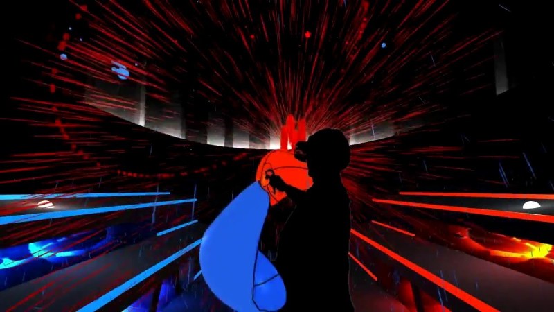 A mixed-reality image of a player inside of Audioshield.