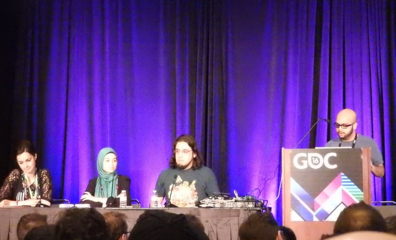 Muslim panel at GDC: (left to right) Romana Ramzan, Farad Khalaf, Rami Ismail, and Imad Khan.