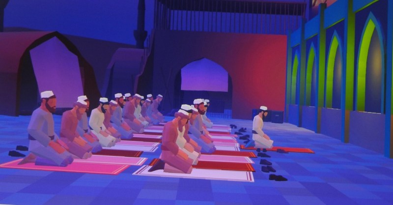 A prayer session in a Muslim-created game.