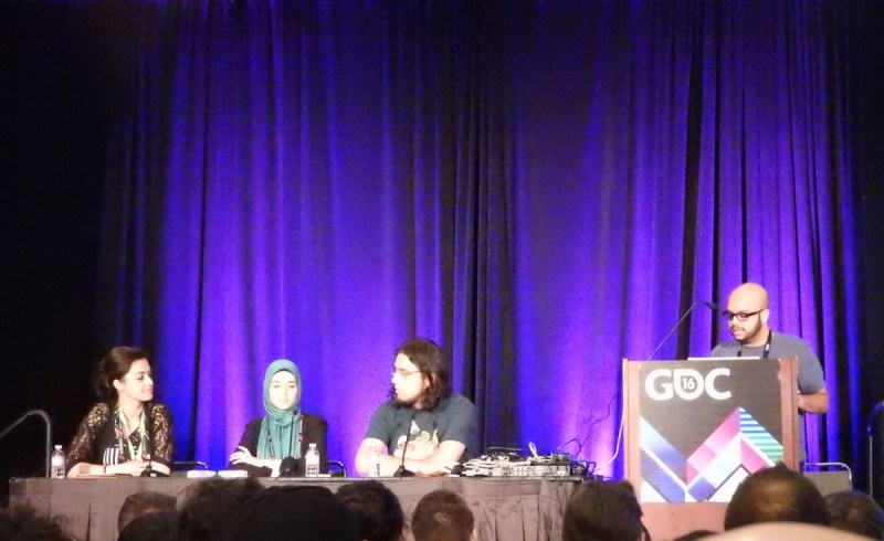 Right to left: Romana Ramzan (Glasgow Caledonian University), Farah Khalaf (NZGDA), Rami Ismail (Vlambeer), and Imad Khan (The Daily Dot).