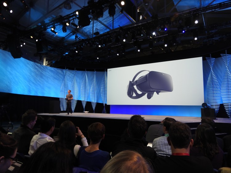 Mark Zuckerberg shows off the Oculus Rift at Facebook's F8 event in 2016.