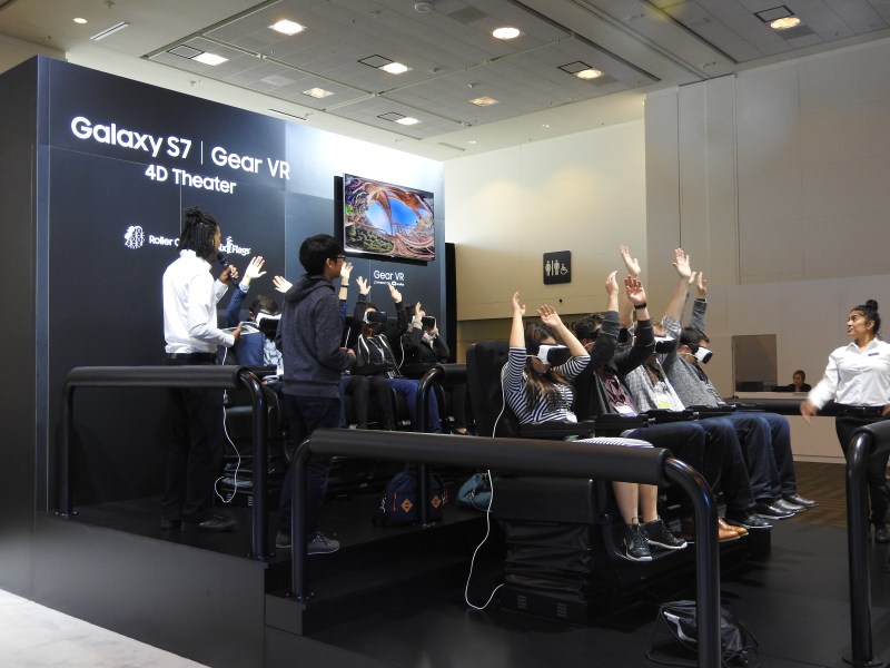 A virtual reality rollercoaster combines the Samsung Gear VR and a motion platform 