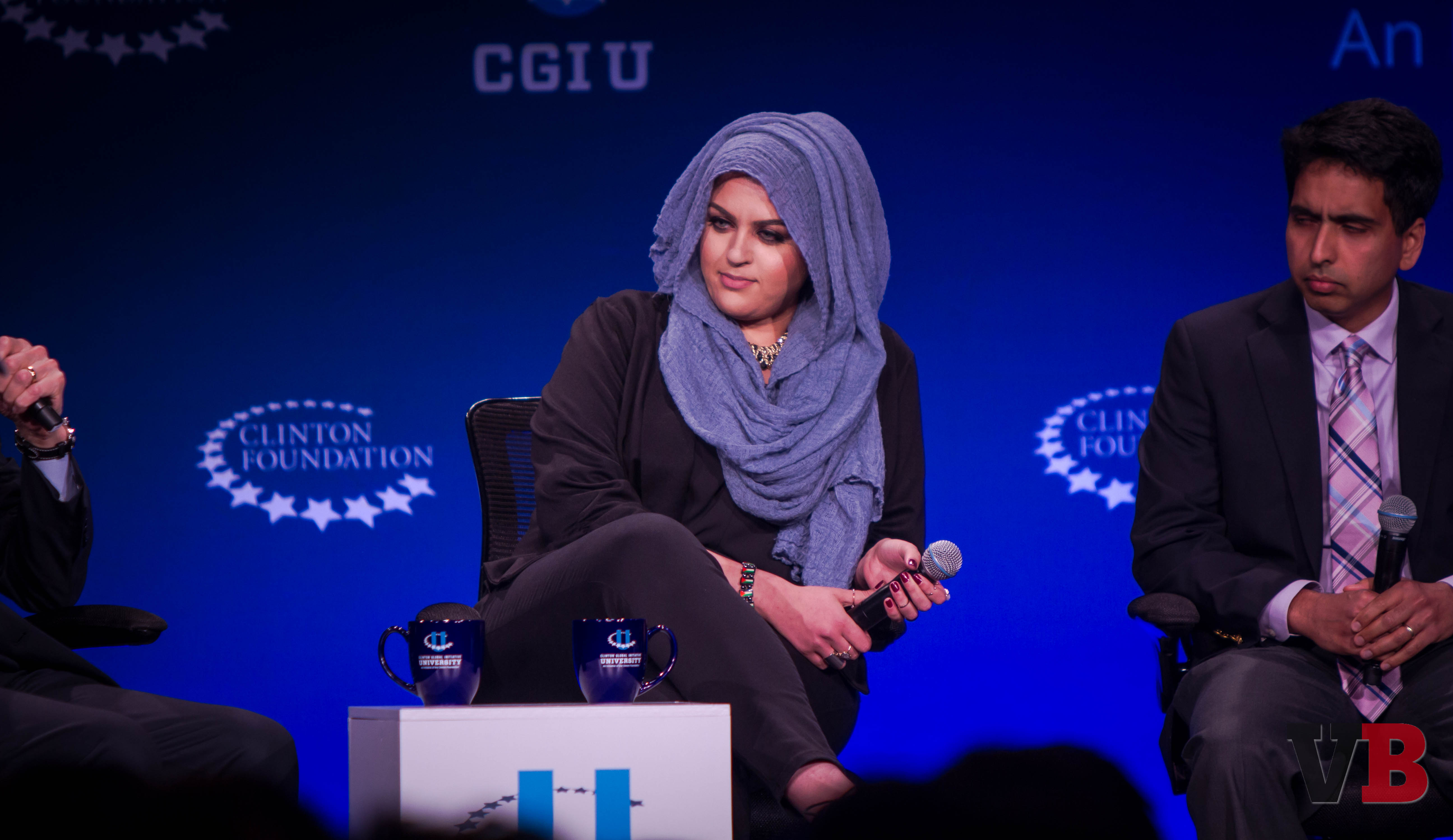 Amani Al-Khatahtbeh, founder and editor-in-chief of MuslimGirl.com participates in a panel during the Clinton Global Initiative university event at the University of California, Berkeley campus on April 1, 2016.