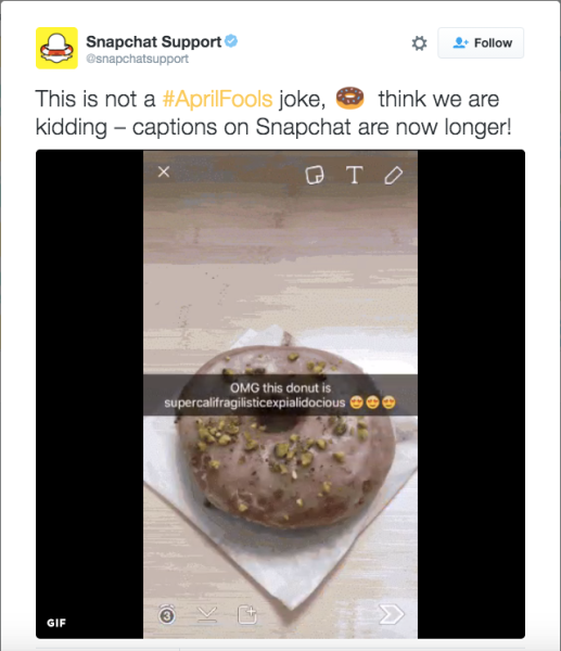 Snapchat tweet announcing that you can have longer captions now.