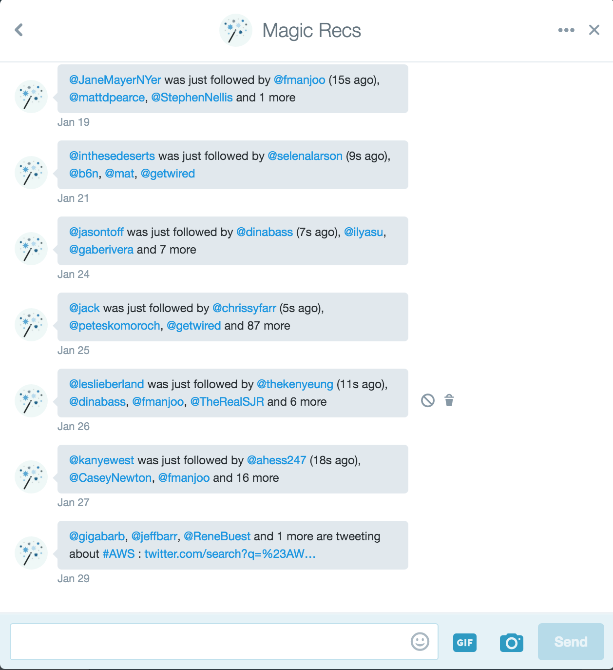 What Twitter's @MagicRecs account sends you by direct message.