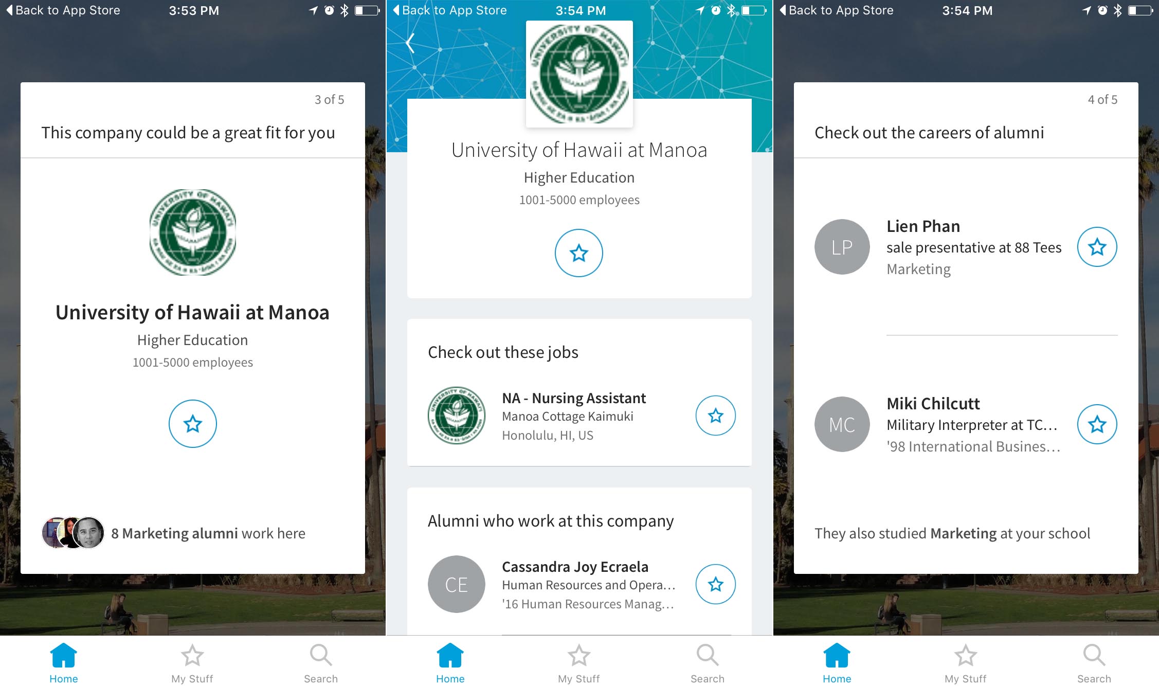 Screenshots of LinkedIn's Students iOS app showing a company you might want to apply for and alumni from your school you should connect with.