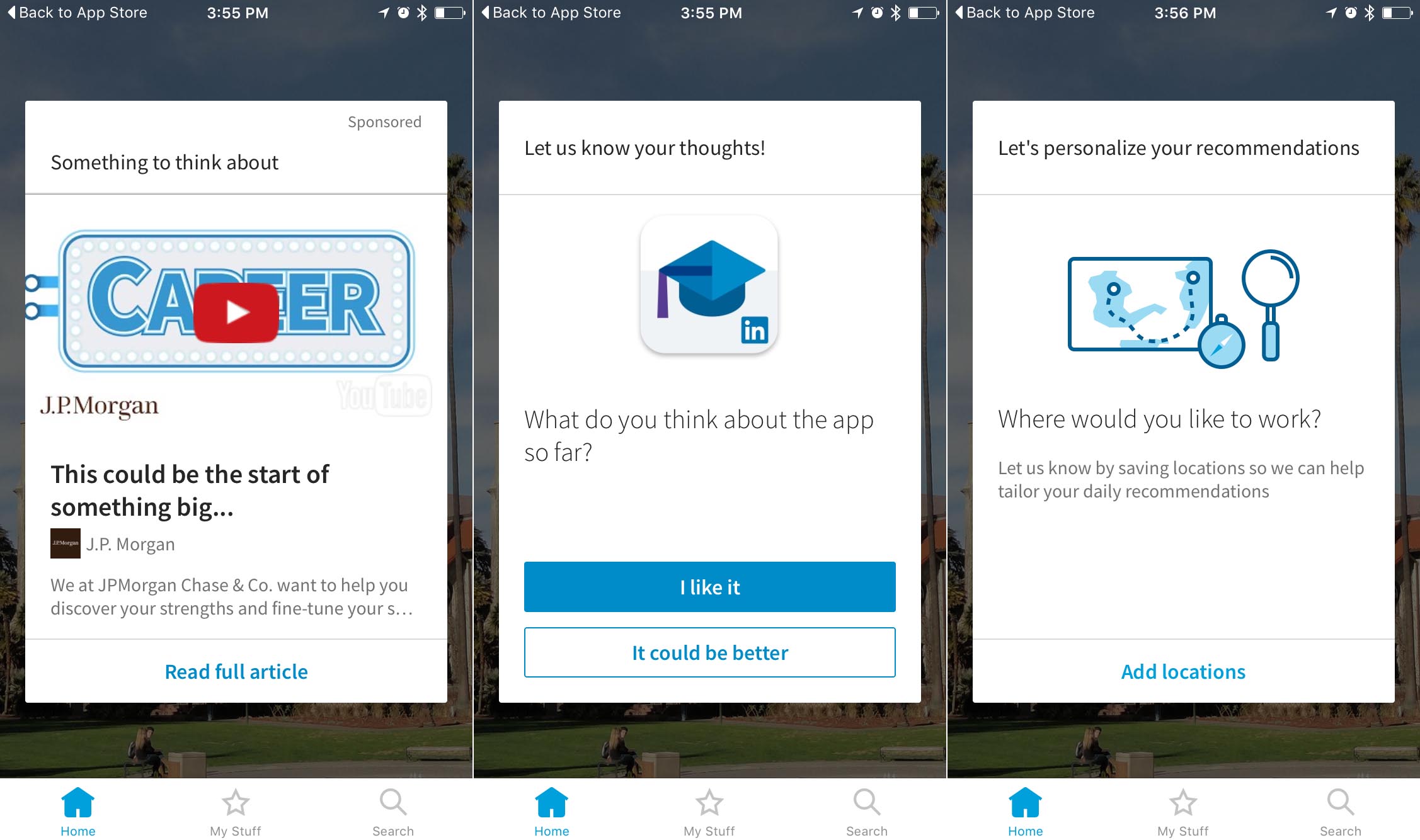 Screenshots of LinkedIn's Students app "extra credit" section that includes sponsored content and other career tips for students.