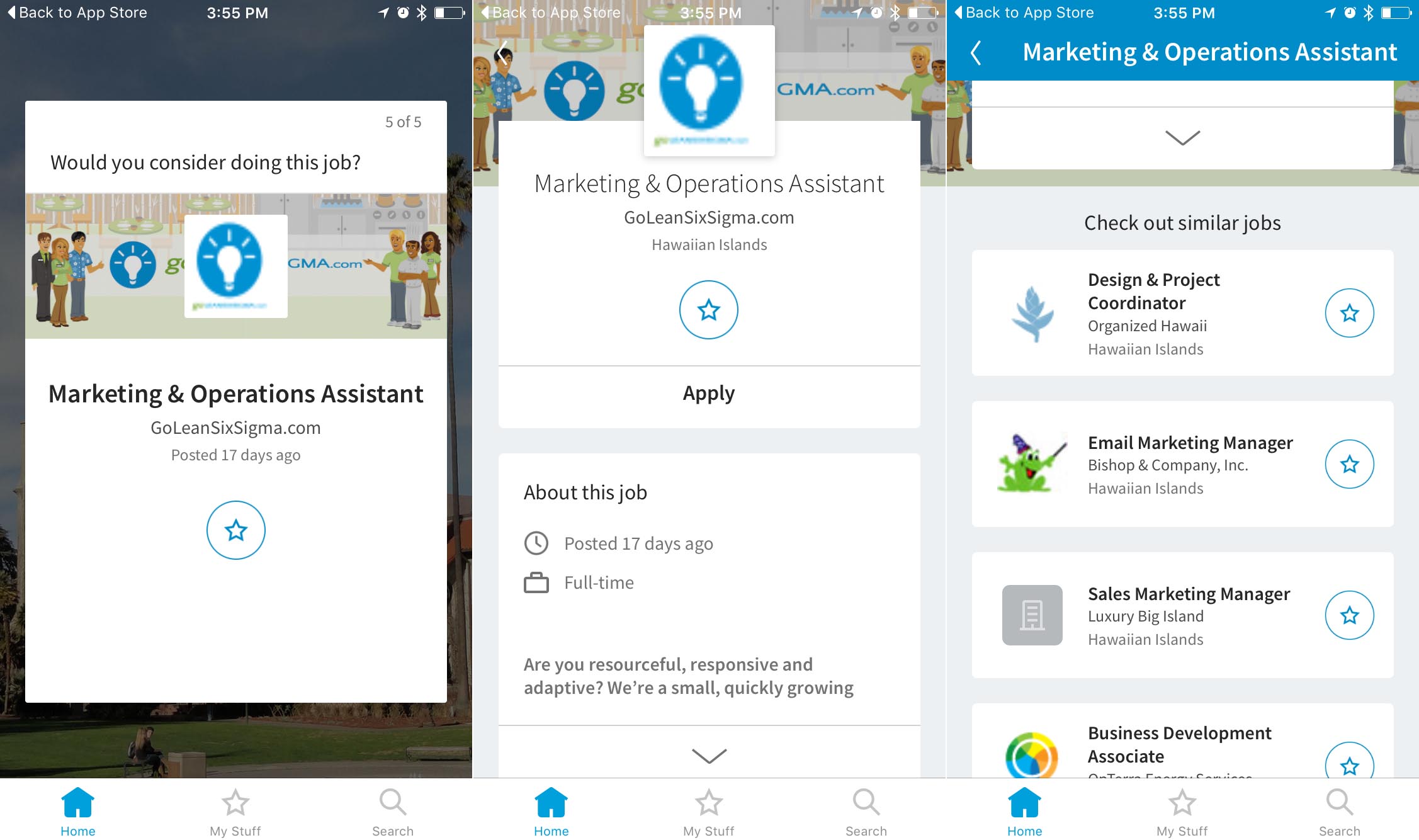 Screenshots of LinkedIn's Students app showing a job posting you might want to apply for.