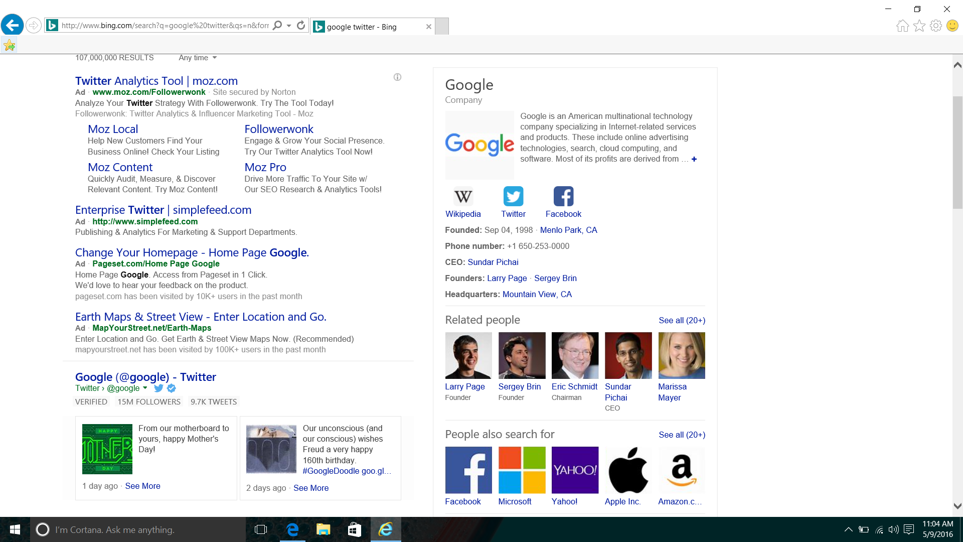 Tweets in Bing search results in Internet Explorer.