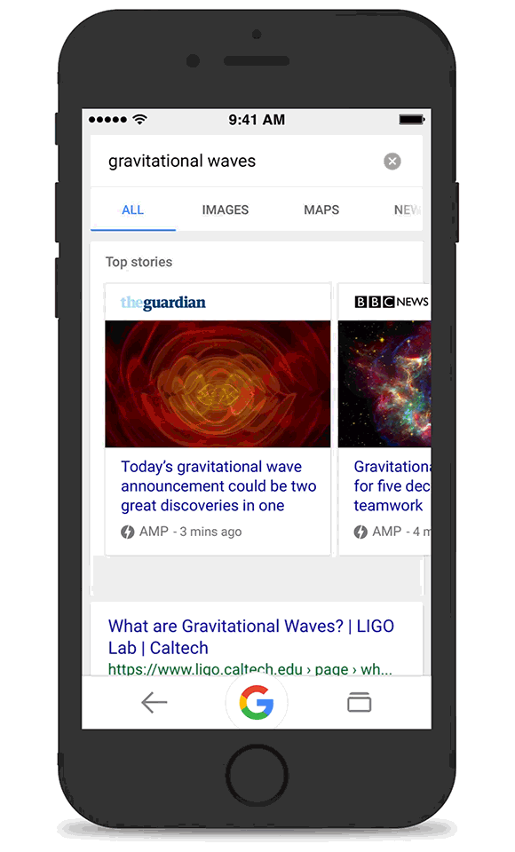 Google AMP articles in the Google app for iOS.