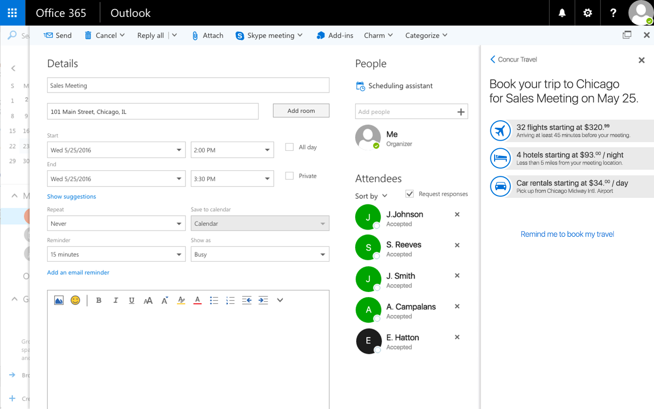 An integration of SAP's Concur travel and expense management software in Outlook.