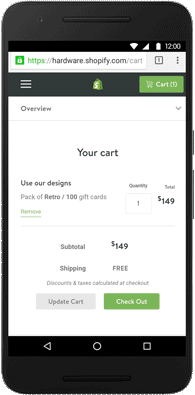 Making a purchase on Shopify's mobile website using Android Pay.
