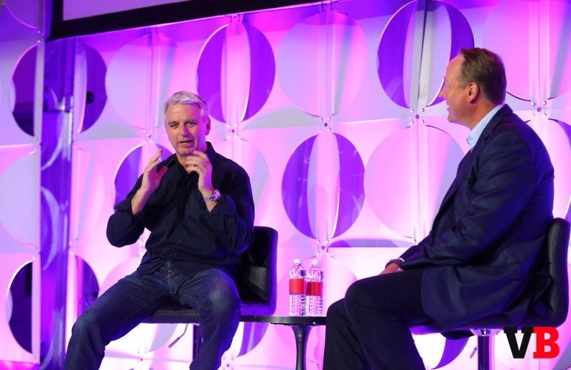 John Riccitiello of Unity Technologies on stage with the ESA chief Mike Gallagher at GamesBeat Summit 2016.