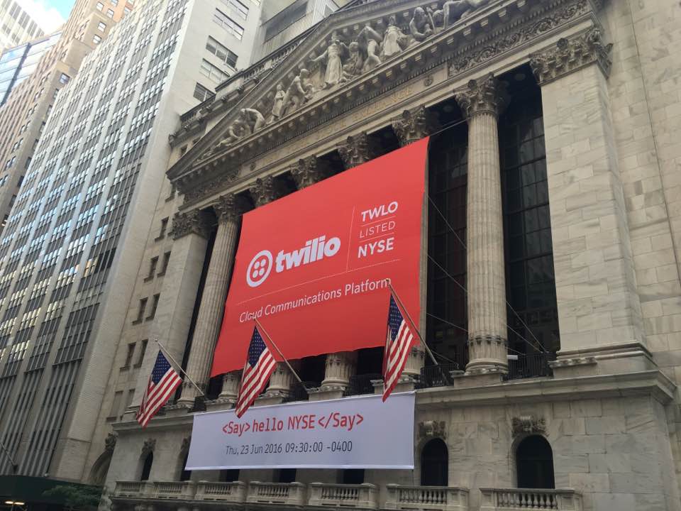 Signs at the New York Stock Exchange promoting Twilio's public offering. The cloud communications company will begin trading on June 23, 2016.