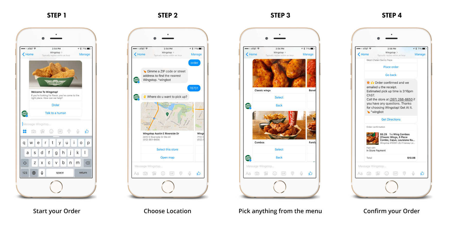 These screenshots show Conversable's order flow for Wingstop on Facebook Messenger.