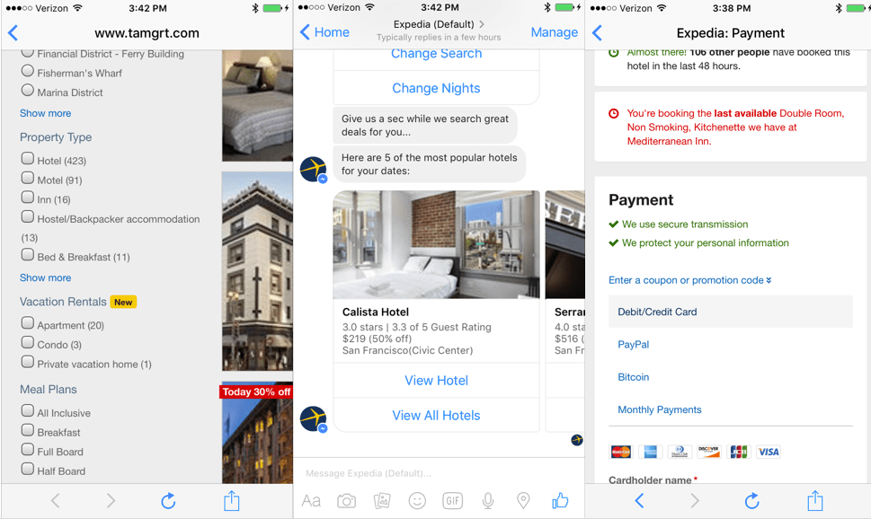 The image shows three screenshots of Expedia bot showing how it ties into other services like HomeAway (left, center) for home rental options and Affirm (right) for monthly payments.