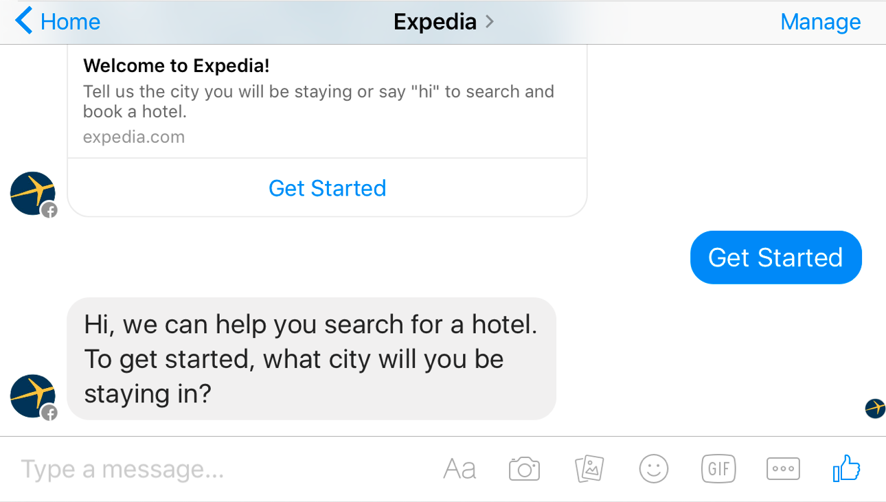 This image is a Screenshot of how easy it is to get started with Expedia hotel bot.