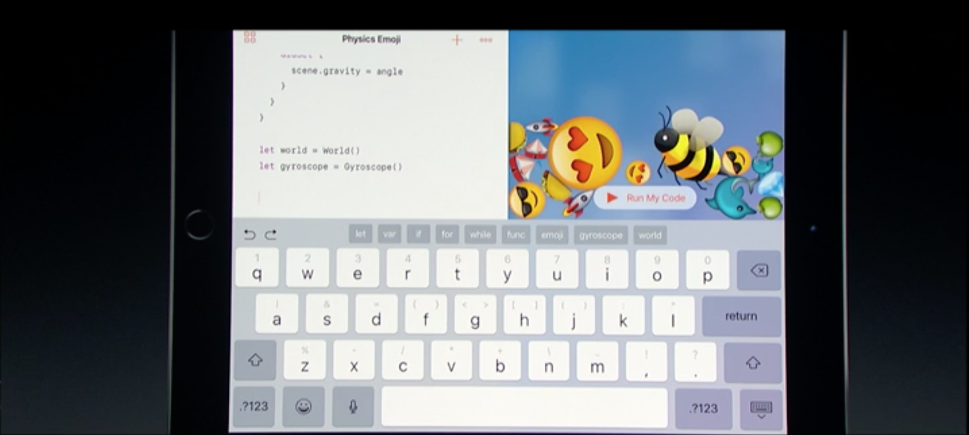 The virtual keyboard in the upcoming Swift Playgrounds app.