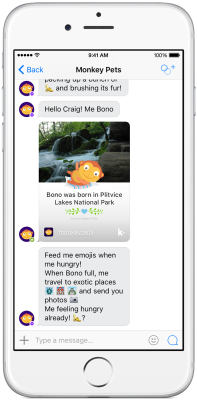 This is a screenshot of Yahoo's @monkeypets Kik bot is an emoji-loving virtual companion.