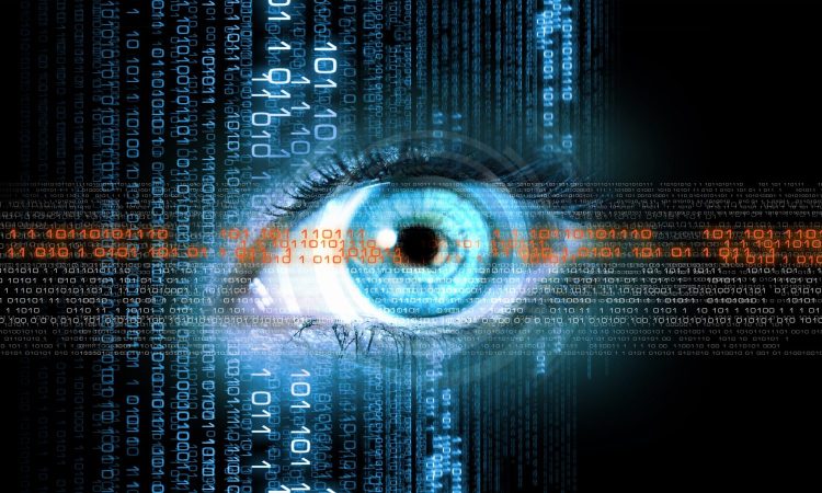 An image of an eye behind a foreground of various cybersecurity terms and code