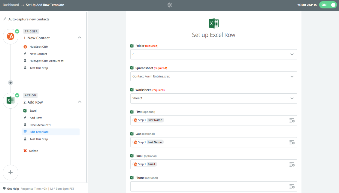 Setting up a workflow with Zapier to automatically capture new HubSpot contacts on an Excel spreadsheet.