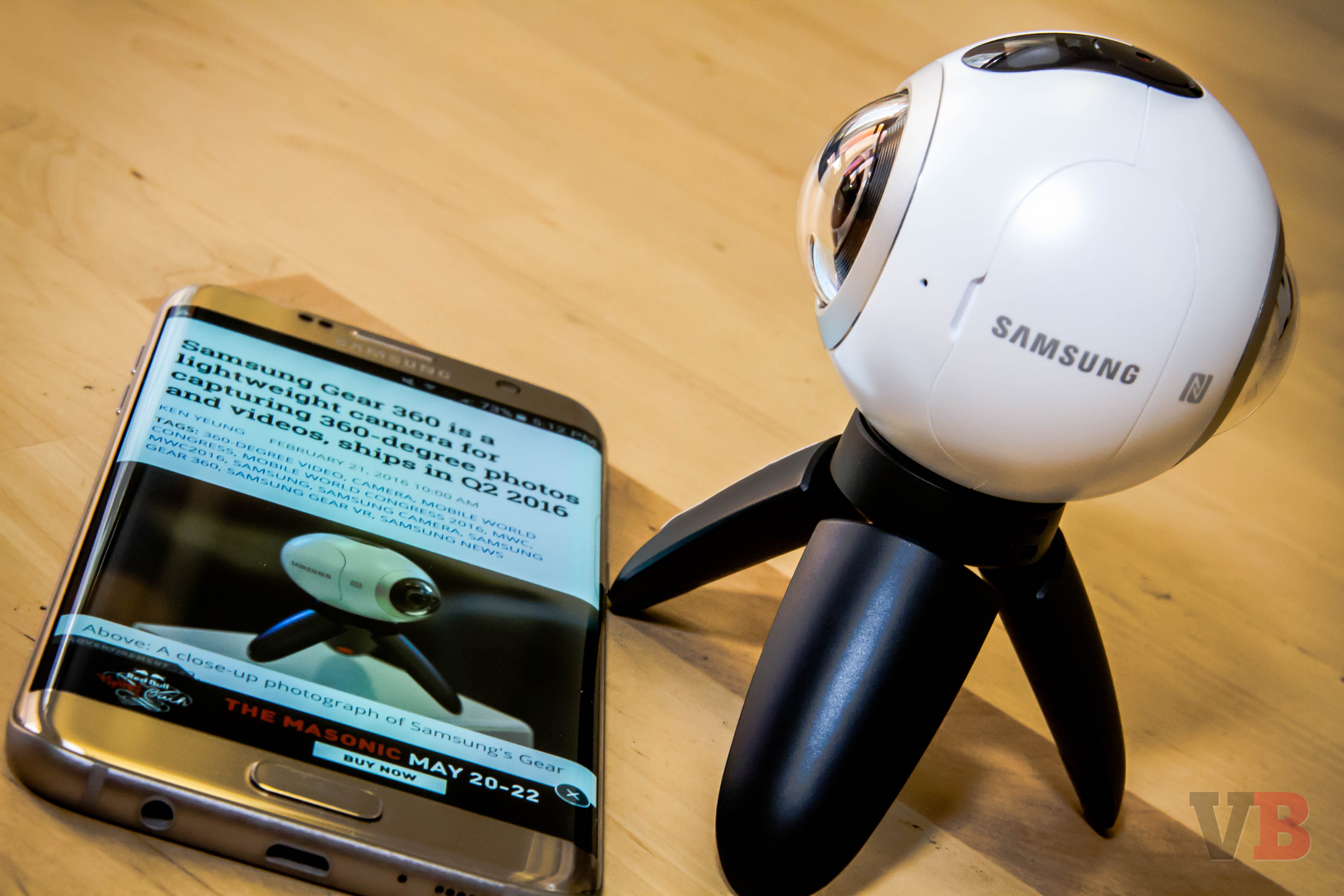 The Samsung Galaxy S7 edge smartphone with the Gear 360 camera.