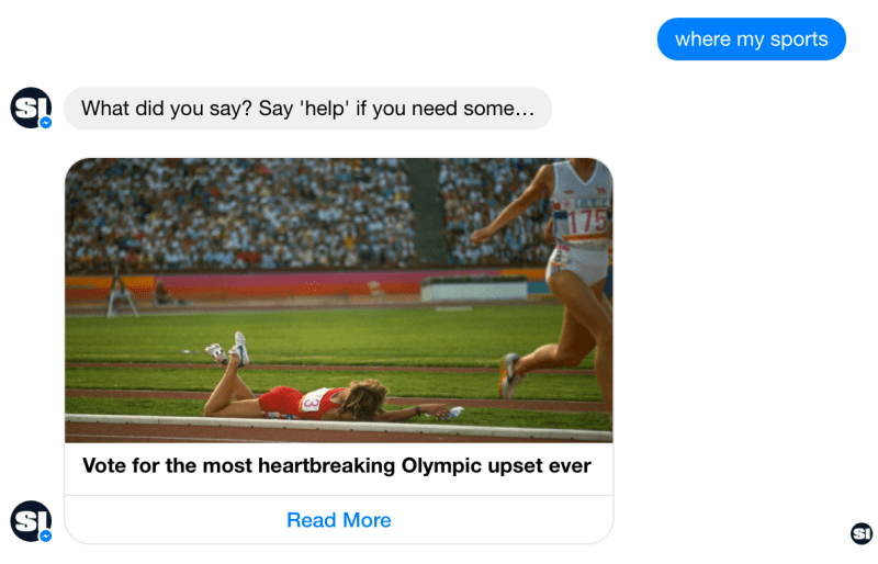 Screenshot of the Sports Illustrated bot on Facebook Messenger made by GameOn. 