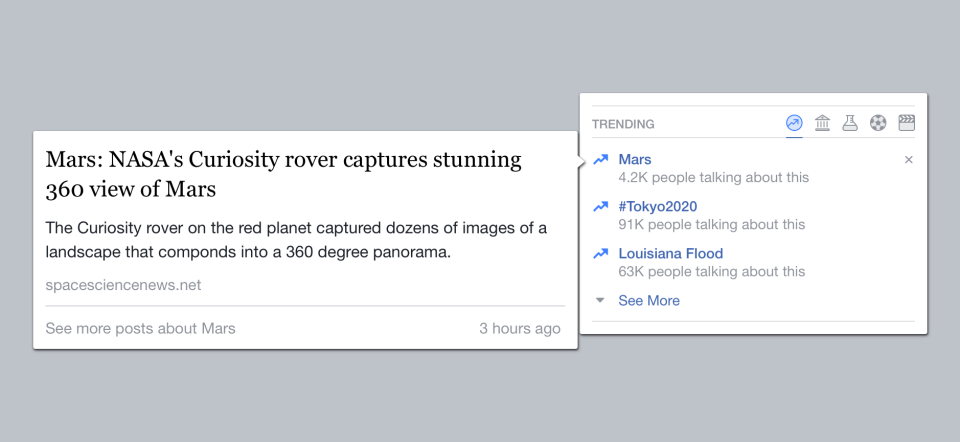 Hovering over Facebook trending topics will display more information about the topic.