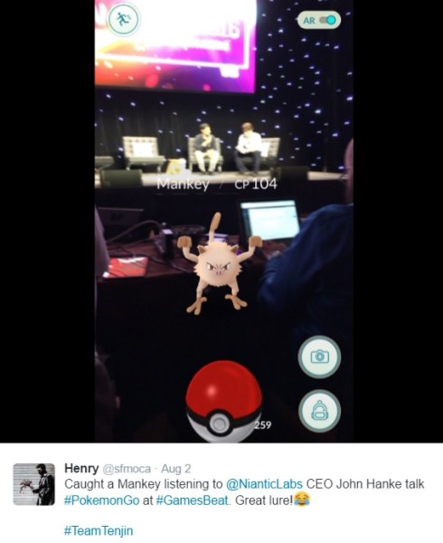 A Mankey appeared during John Hanke's talk at GamesBeat 2016.
