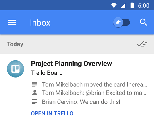 Summaries of incoming emails from GitHub and Trello in Google's Inbox app.