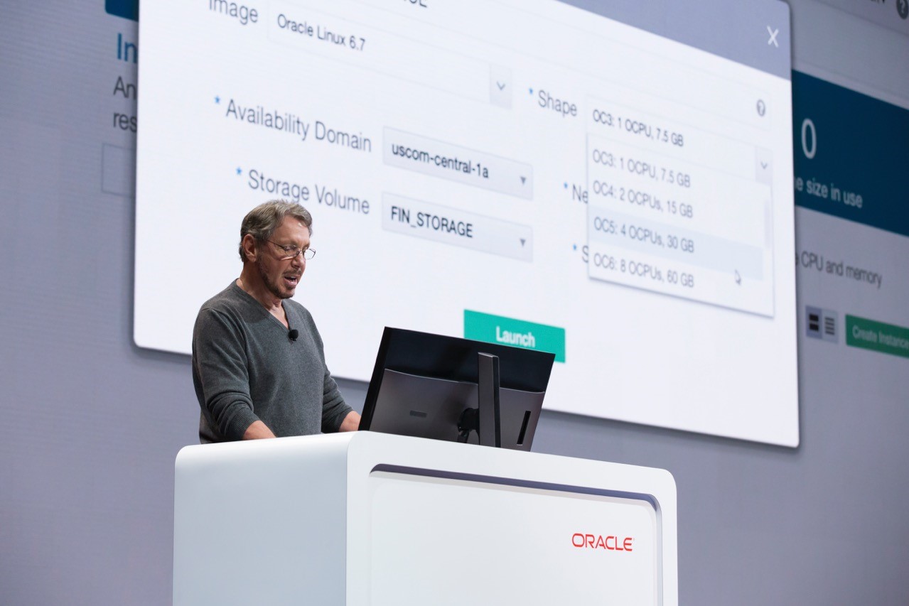 Oracle cofounder and chief technology officer Larry Ellison demonstrates Oracle's second-generation cloud infrastructure onstage at the Oracle OpenWorld conference in San Francisco on September 20, 2016.