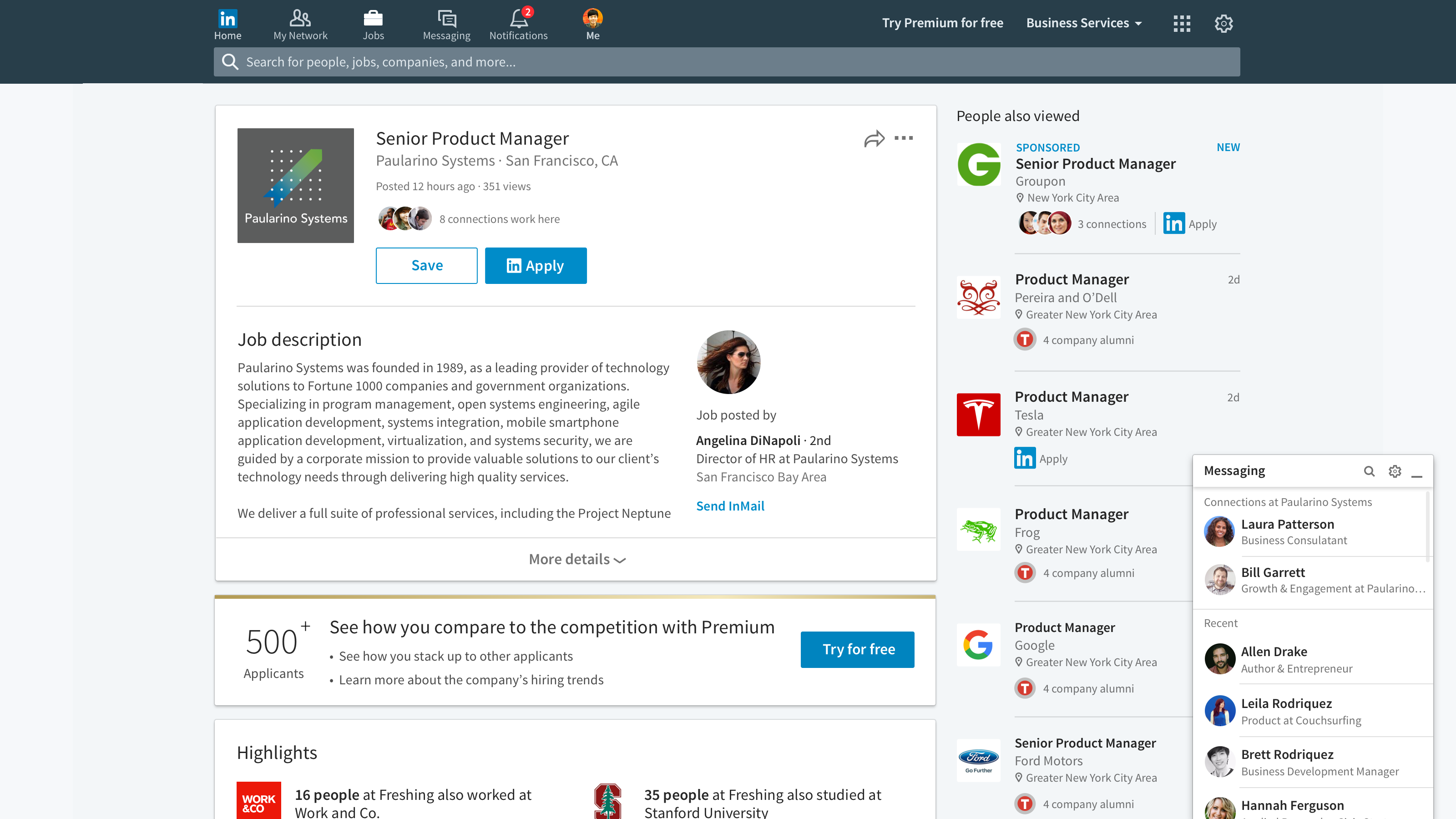 LinkedIn Messaging now understands context of the conversation, shown here with the social network's 2016 redesign.