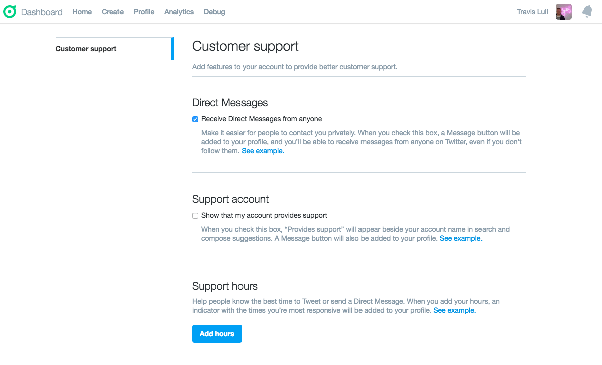 Customer support settings page on Twitter's account dashboard.